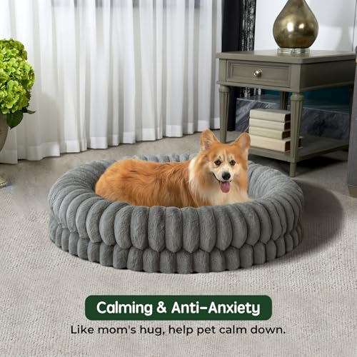 Image of BALANCE Luxury Donut Dog Bed, 36 Inches Round Dog Beds Large Sized Dogs Washable, Orthopedic Calming Dogs Bed for Pets with Anti-Slip Bottom, Gray