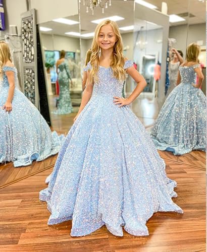 Sparkly Flower Dresses for Girls Sequin Princess Girls Pageant Dress Off Shoulder A Line Ball Gown HRY272