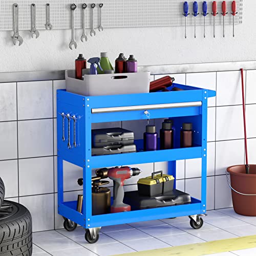 3-Tray Rolling Tool Cart On Wheels, Tool Box With Wheels And Drawers, 300 Lbs Utility Tool Storage Cart, Mechanic Tool Cart For Garage, Warehouse, Repair Shop,Blue #TOP1