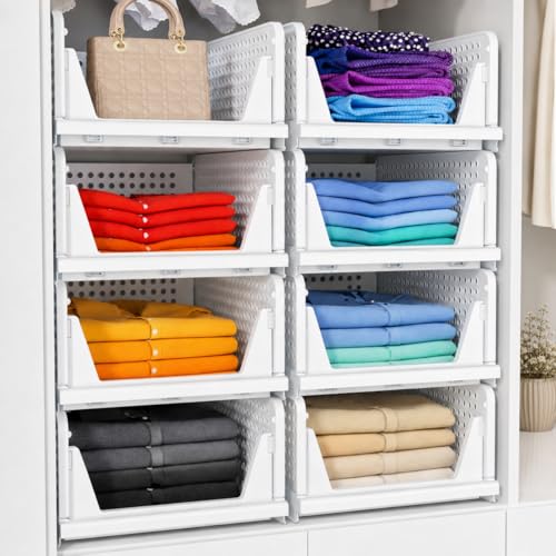 Carry Fitness 4 Pack Foldable Wardrobe Storage Organiser | Space Saving Foldable Drawer For Bedroom Kitchen & Office | Multi-Purpose Stackable Organiser With Front Access | White