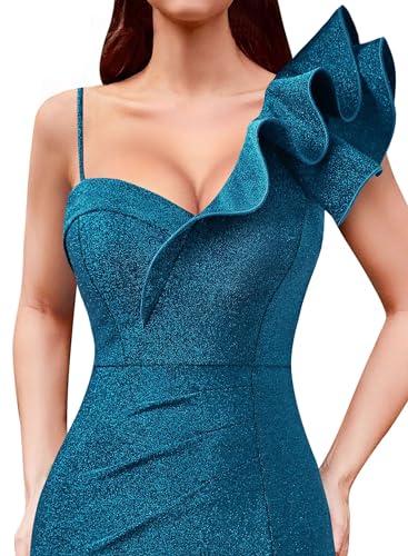 Image of VFSHOW Womens Ruffle One Shoulder Strap Ruched Formal Prom Wedding Maxi Dress V Neck Elegant Split Cocktail Evening Long Gown