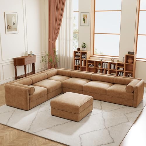 6 Modular Sectional Sofa with Storage Soft Camel Chenille Fabric