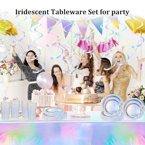 97 Pcs Laser Foil Tableware for Her Him,Laser Party Plates Paper Cups and Napkins for Birthday Decoration,Sparkling Laser Silver Tablecloth for Christmas Dinnerware Wedding,Baby Shower Party Tableware - Image 4