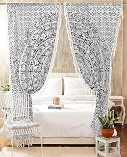 Indian Mandala Curtain Balcony Sheer Room Divider Living Room Bohemian Decor Light-Filtering Blackout Gypsy Door Curtain (Black & White with Frill)