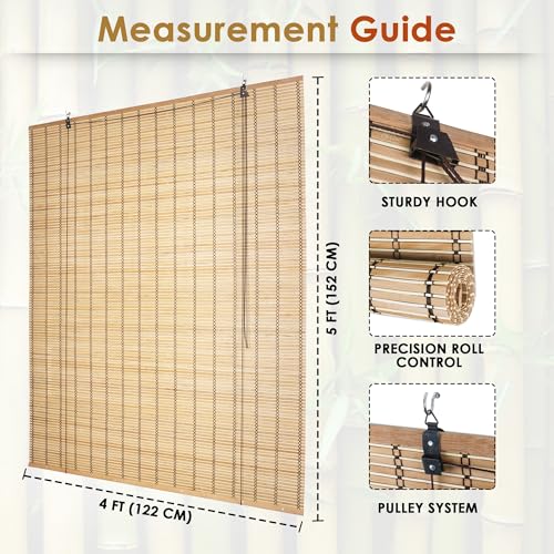 Image of Story@Home Bamboo Curtains for Outdoor W 4 ft x H 5 ft (Pack of 2) Rope Mechanism Roll Up Down Bamboo Shade for Sunlight Dust Protection Window Chick Blinds for Balcony - Beige & White