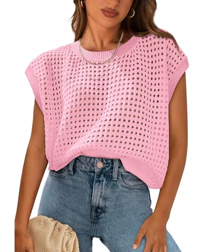 Womens Crochet Tops Cap Sleeve Summer Sweater Crew Neck Beach Cover Ups Lightweight Knit Pullover