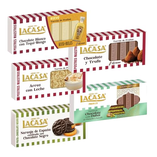 Pack Surtido 5 Turrones Lacasa:Naranja de España Confitada,Arroz con Leche,Blanco con Tequi Mango,Cacao y Trufa,Chocolate estilo Dubai