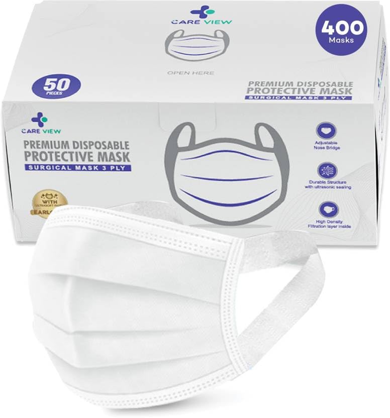 Careview N95 3 Ply Disposable Surgical Face Mask Box with FABRIC Earloop and built in Nose Pin, Certified by BFE>99% and PFE > 95%, SITRA, DRDO, ISO and CE (WHITE, Pack of 400)
