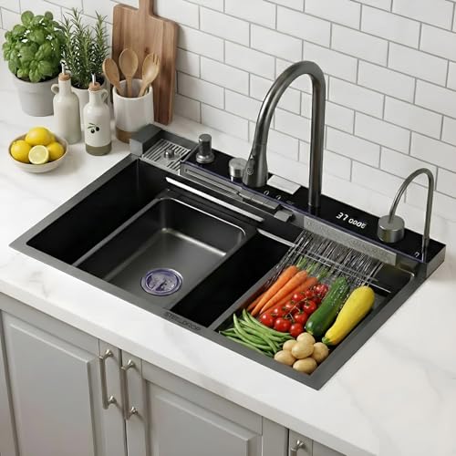 Image of STEELDROP STEELDROP Kitchen Piano Sink 30x18x9 Inch Waterfall Sink 304 Grade Stainless Steel Sinks For Kitchen Basin Digital LED Display Integrated Waterfall & Pull Down Faucet