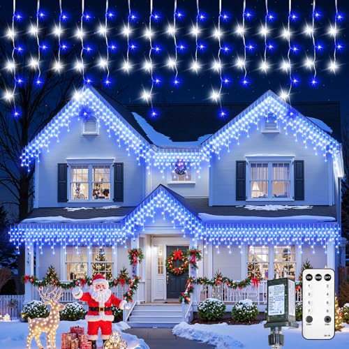 Icicle Christmas Lights Outdoor - 40 FT 432 LED Icicle Lights with 81 Drops, 8 Modes, Ice String Lights with Remote, Timer, Waterproof Fairy Lights for Roof Patio Tree House Decor, Blue & White
