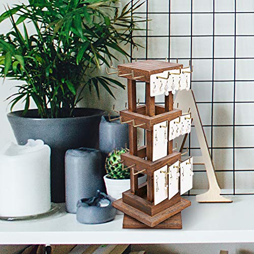 Ikee Design Natural Wood Rotating 36 Hooks Jewelry Tower, Spinning Earring Card Storage Display Holder Stand For Store, Showcase, Tradeshow And Home, Brown Color #TOP6