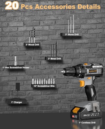 LEEIKOO Cordless Drill, 21V Electric Drill 42N.m with 2.0Ah Battery, Combi Set 10mm Chuck, 2 Speeds, 18+1 Torque, LED Light, 20pcs Drill Set for Garden DIY Project, Grey 8 LEEIKOO Cordless Drill, 21V Electric Drill 42N.m with 2.0Ah Battery, Combi Set 10mm Chuck, 2 Speeds, 18+1 Torque, LED Light, 20pcs Drill Set for Garden DIY Project, Grey - Image 8