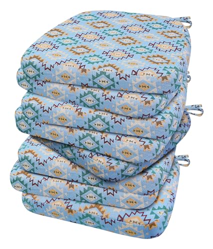 Image of AAAAAcessories D-Shaped Chair Cushions, 2 inch Thick Dining Chair Pads with Ties and Removable, Machine-Washable Cover, 17 inch x 16 inch, Set of 8, Geometric Blue