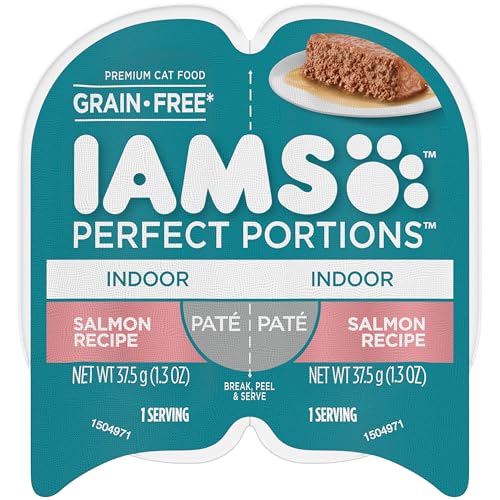 IAMS Perfect Portions Indoor Adult Grain Free Wet Cat Food Paté, Salmon Recipe, 2.6 oz. Easy Peel Twin-Pack Trays (24 Count, 48 Servings)