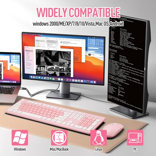 Image of Wireless Silent Keyboard and Mouse Combo, Ultra-Slim Sleek Design Full-Sized Wireless Keyboard and Adjustable DPI Mouse, 2.4GHz USB Receiver for PC, Windows, MAC, Desktop, Laptop (Pink)