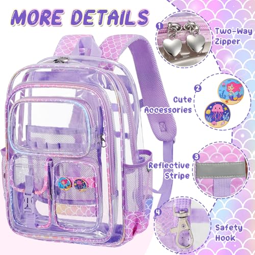 Image of Mermaid Clear Backpack for Girls, 17 Inch Heavy Duty Transparent School Bookbag for Kids with Pencil Case & Cute Accessories