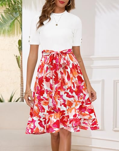 Annebouti Womens 2025 Short Sleeve Summer Fall Ribbed Modest Semi-Formal Teacher Casual Work Midi Dress with Pockets4