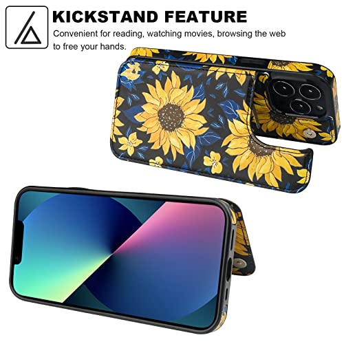 Image of HAOPINSH for iPhone 13 Pro Case Wallet with Card Holder, Blooming Sunflowers Pattern Back Flip Folio PU Leather Kickstand Card Slots Case for Women Girls, Double Magnetic Clasp Shockproof 6.1 inch
