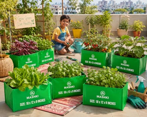 Image of MASHKI Rectangular HDPE Grow Bags 18 inchx12 inchx9 inch Inches 240 GSM for Terrace Garden, Home Gardening and Kitchen Gardening (Standard, 3 Count)