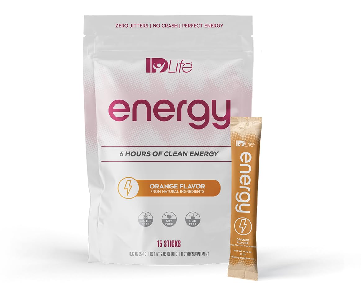 IDLife - Orange Energy Drink Powder - Sustained Energy Boost for Work, Gym and Daily Use - 6-Hour Boost, No Jitters or Crash - 15 Sticks Per Bag