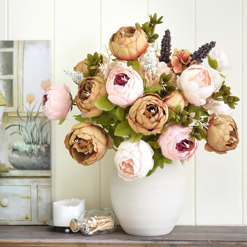 Image of FiveSeasonStuff Artificial Peony Bouquets, 2 Silk Flower Bundles in Mixed Pale Pink & Tawny Brown with Hydrangeas for Wedding Centerpieces & Home Decor
