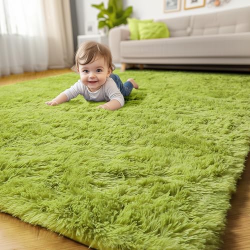 Amdrebio Grass Green Rug 6x9 for Living Room Bedroom, Fluffy Shag Plush Area Rugs for Kids Room Baby Nursery Decor, Modern Cool Fuzzy Floor Furry Shaggy Fuzzy Moss Carpet for Office Dorm Playroom