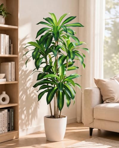 Image of Artificial Dracaena Tree 5.2FT Tall, Lifelike Fake Tree Artificial Plants Indoor in Black Pot, Faux Floor Plant for Living Room Bedroom Office Hallway Corner Home Decor