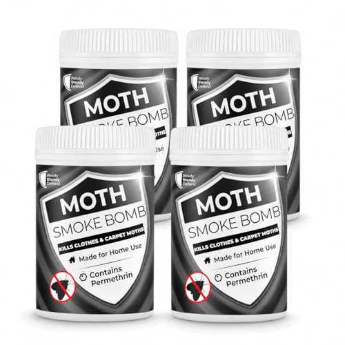 Moth Smoke Bombs (Pack of 4) 13.25% Permethrin - Maximum Strength Carpet Moth Killer Quick & Efficient Thorough Coverage Essential for Moth Treatment Clean & Non Staining