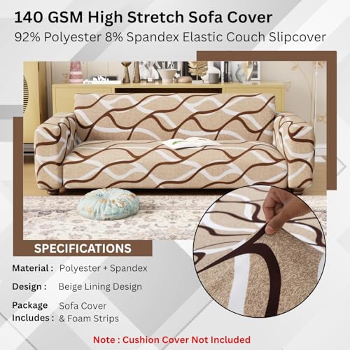 Image of Lukzer 1 Seater Sofa Cover - Beige Lining | 360 Fully Covered Anti-Slip Washable Couch Cover Protecter | 140 GSM Stretch Fit Polyester + Spandex Slipcover (90-140cm /SC-021-01)