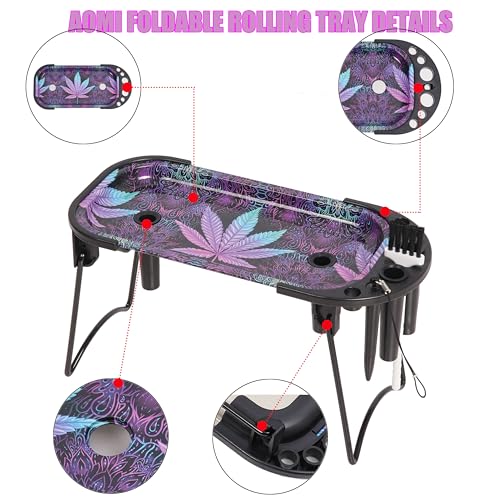 Foldable Metal Rolling Tray, Large Purple Multi-Purpose Folding Metal Tray, 9.4 x 4.13 inches Table Organizer Kit Including Tools Packer Brush Plugs Purple Leaf - Image 3