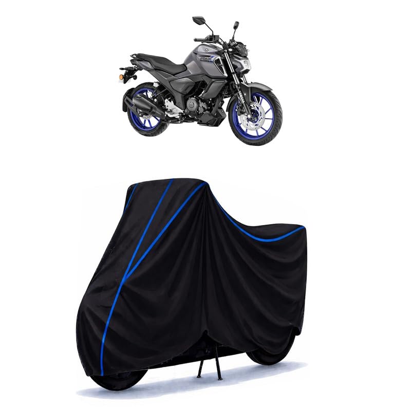 Image of FZS FI V4 Deluxe Bike Cover Water Resistant Universal Motorcycle Rain | Heavy Duty UV Protection, Dust, Scratch Indoor Outdoor All Weather with Black Blue Piping Elastic