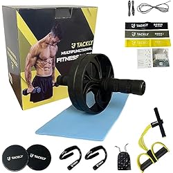 Objetos Para Hacer Gimnasia TACKLY Kit Gimnasio en casa, ejercicio en casa, fitness en casa 7 en 1 - Set gym en casa | Rodillo + Comba + Soporte flexiones + Bandas resistencia + Discos antideslizante + Pedal puller