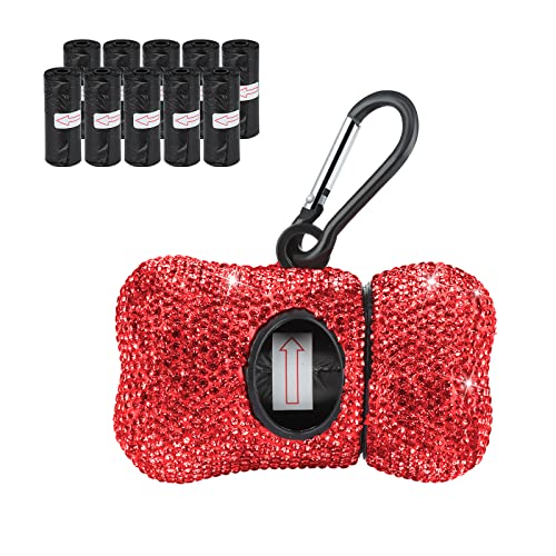 Image of Dog Poop Pickup Bags Holder Dispenser with 10 Roll 150 Bags Random Color Leak-proof Scented Bling Crystal Doggy Waste Bags and Carabiner,Red