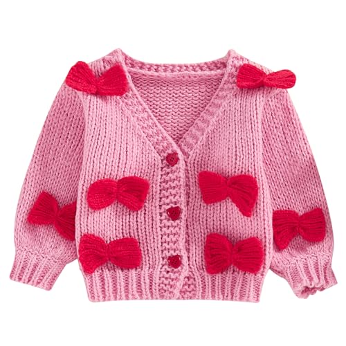 Image of Baby Girl Bow Sweater Cardigan Open Front Button Down Long Sleeve Knitwear Coat Toddler Fall Spring Clothes