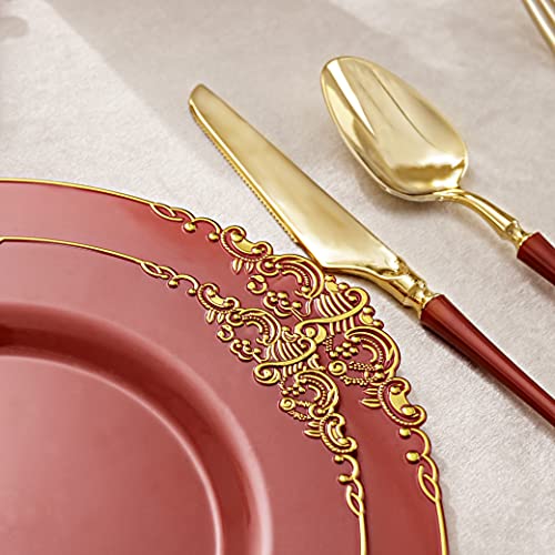 Liacere 50Pcs Red Plastic Plates - Disposable Gold Plastic Plates Include 25Pcs 7.5Inch Red Dessert Plates & 25Pcs 10.25Inch Red Dinner Plates For Christmas & Party & Wedding #TOP4