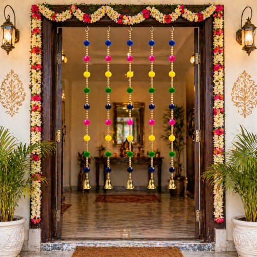 Image of Bindian Multicolor Pom Pom Beads & Golden Bell Toran for Main Door, Pack of 5 Door Hanging Decorative Items, Home Decor Wall Hanging Decoration, Pooja Room Decor, Festival Decoration