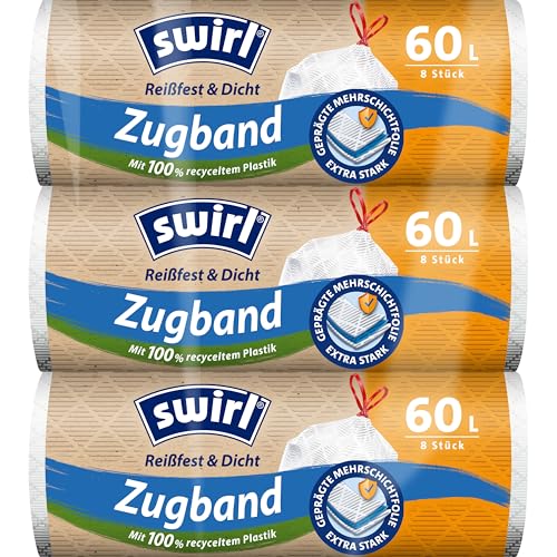 Swirl Reißfest & Dicht Müllbeutel 60L (3 x 8 Beutel) tropfsichere Müllsäcke für den Hausmüll reißfeste Mülltüten mit praktischem Zugband