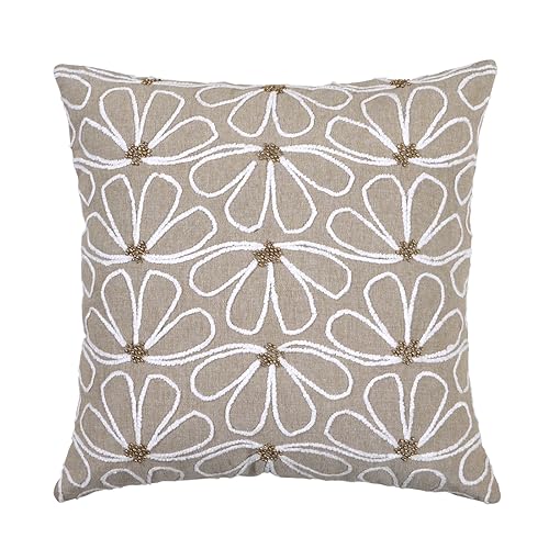 Image of ODE & CLEO Cotton Chambray Cushion Covers 18 inch X 18 inch with Zip Closure, Shaneel Thread & Bead Work Embroidery, Pillow Cover for Sofa, Living Room, Bed or Home Decor, Set of 2