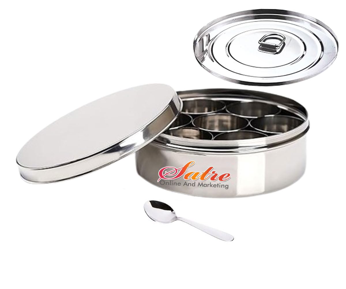 Scatola portaspezie in acciaio inox con doppio coperchio, 7 contenitori per spezie, 1 coperchio interno e 1 cucchiaio, scatola portaspezie per cucina, Masala Dabba - Misura n. 12