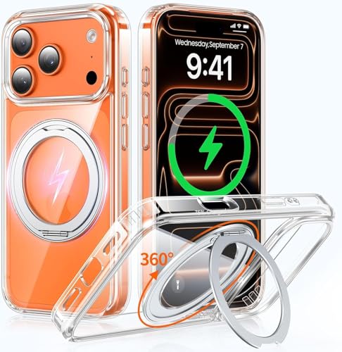 Image of Enflamo Crystal Clear Magnetic Case for iPhone 17 Pro | 360 Rotating Ring Stand | Military Grade Drop Protection | Anti-Yellow Transparent Cover