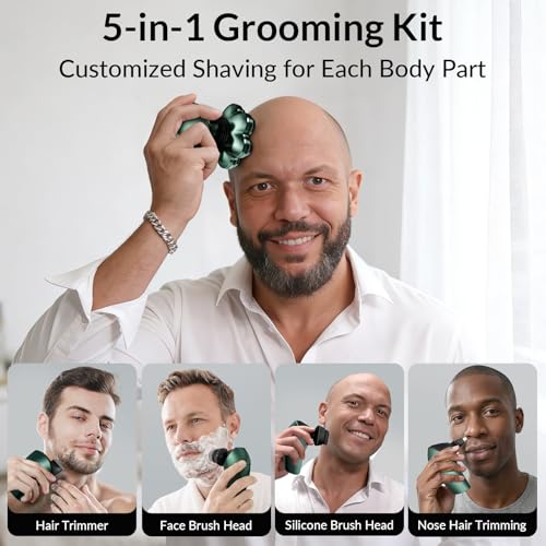 Image of Head Shavers for Bald Men - 7D Arc Magnetic Detachable Electric Razor, Waterproof Wet Dry 5-in-1 Electric Shaving & Grooming Kit, LED Display Rechargeable Head & Body Hair Shaver, Dark Green