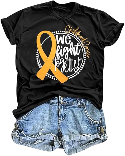 Childhood Cancer Awareness Shirt Women We Fight Together Shirt Gold Ribbon Pediatric Cancer Short Sleeve Tops