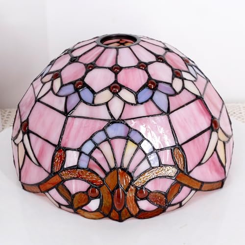 Image of 12 Inch Tiffany Lamp shade Replacement Only(Pink Baroque) | Stained Glass Lampshade Only 1-5 /8-Inch Fitter Opening for Arched Floor Lamp, Torchiere Lamp, Pendant Light