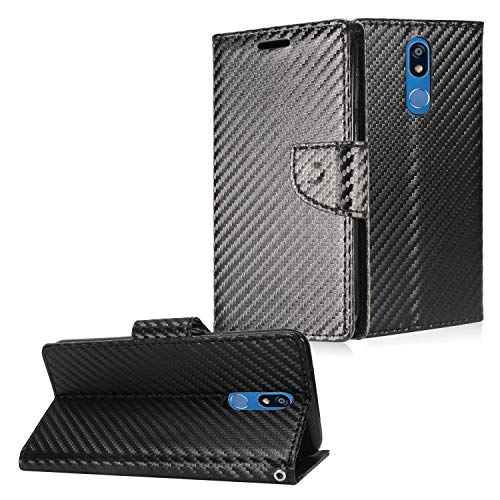 Eaglecell - Compatible for LG Journey LTE L322DL, Neon Plus, Prime 2, Arena 2, Aristo 4+ Plus, Tribute Royal, Escape Plus, K30 (2019) LM-X320 - PU Leather Flip Wallet Phone Case - CT5 Carbon/Black