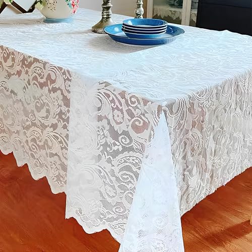 QSLKI Nappe Rectangulaire en Dentelle Blanche de 140x220 cm, Polyester, Florale, pour Mariage Rustique, Décor Vintage, Réception D'été en Plein Air, Partie, Table De...