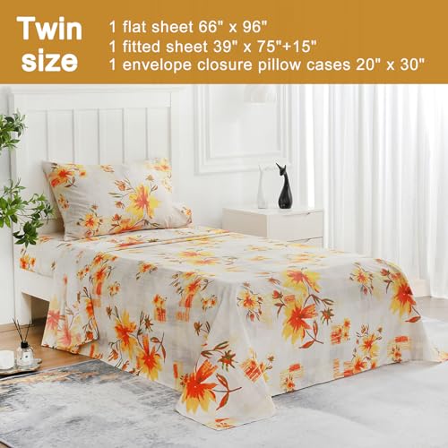 Image of JSD Rustic Yellow Floral Printed Twin Sheet Set Extra Deep Pocket | 3 Piece Soft Botanical Microfiber Sheets, OEKO-TEX Certified, Easy Care