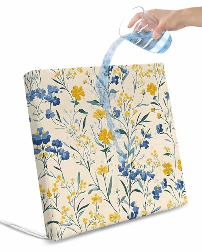 2 Pack Seasonal Botanical Blooms Waterproof Cushion Covers with Ties, Outdoor Patio Chaise Lounge Chair Seat Cushion Slip Covers Replacement(Only Cover) Blue Yellow Flowers 22
