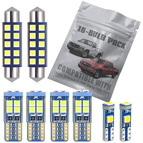 EBAIFUN 14-pc White LED Interior Light Kit Compatible with Chevrolet Chevy Silverado and GMC Sierra 1999 2000 2001 2002 2003 2004 2005 2006 Map Dome Trunk License Plate Light Bulb Replacement Package Cover