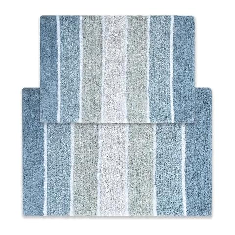 Chardin home Cordural Stripes Bath Mat, Set of 2 Bath Rugs (17 Inches x24 Inches & 21 Inches x34 Inches) | Non Slip Bathroom Rug, Machine Washable, Plush, Highly Absorbent | Ombre Blues & White Cover