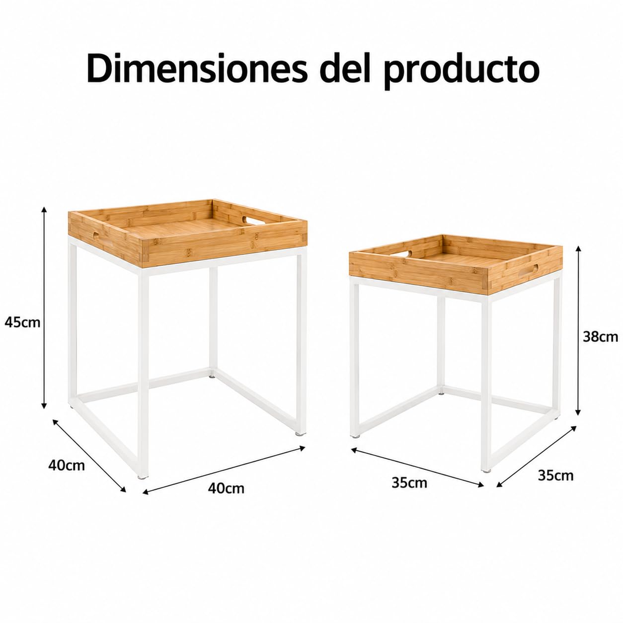 Mesas de Centro Nido XZ-22166-1 Set 2, Cuadradas Bambú y Metal, Estilo Nórdico, Color Blanco, Mesas Auxiliares para Salón, Diseño Moderno y Resistente